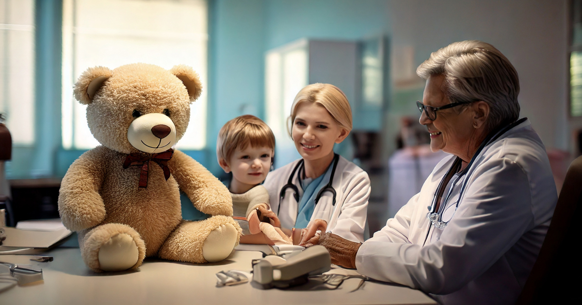 Ein Teddybär sitz auf einem Tisch und ein Kind sitzt mit dem Therapeuten daneben
